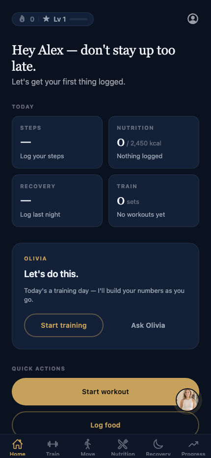 EDELFIT home screen showing today's steps, nutrition, recovery and training tiles, plus a coach card