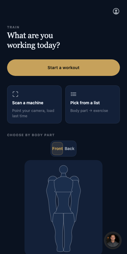 EDELFIT train screen with a human body silhouette to pick a sore or targeted body part